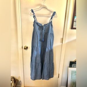 J. Crew blue ruffled strap tie front midi dress